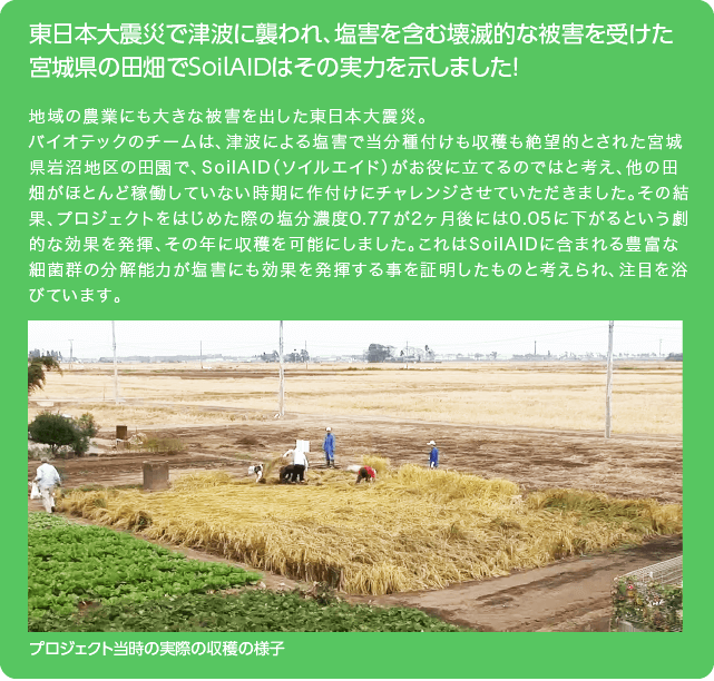 東日本大震災で津波に襲われ、塩害を含む壊滅的な被害を受けた 宮城県の田畑でSoilAIDはその実力を示しました！