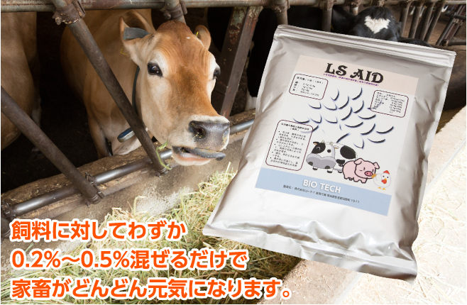 飼料に対してわずか 0.2％〜0.5％混ぜるだけで 家畜がどんどん元気になります。