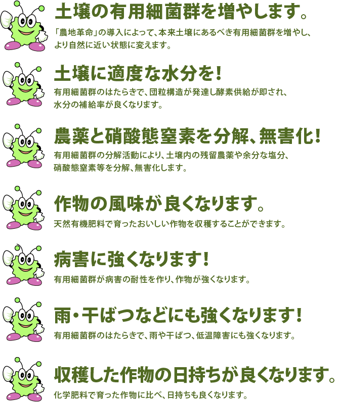 病害に強くなります! 作物の風味が良くなります。 農薬と硝酸態窒素を分解、無害化! 土壌に適度な水分を! 土壌の有用細菌群を増やします。