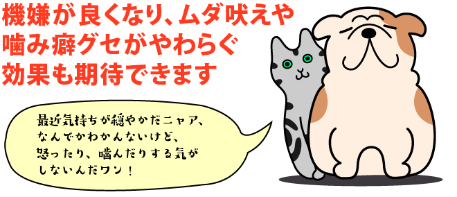 機嫌が良くなり、ムダ吠えや 噛み癖グセがやわらぐ 効果も期待できます